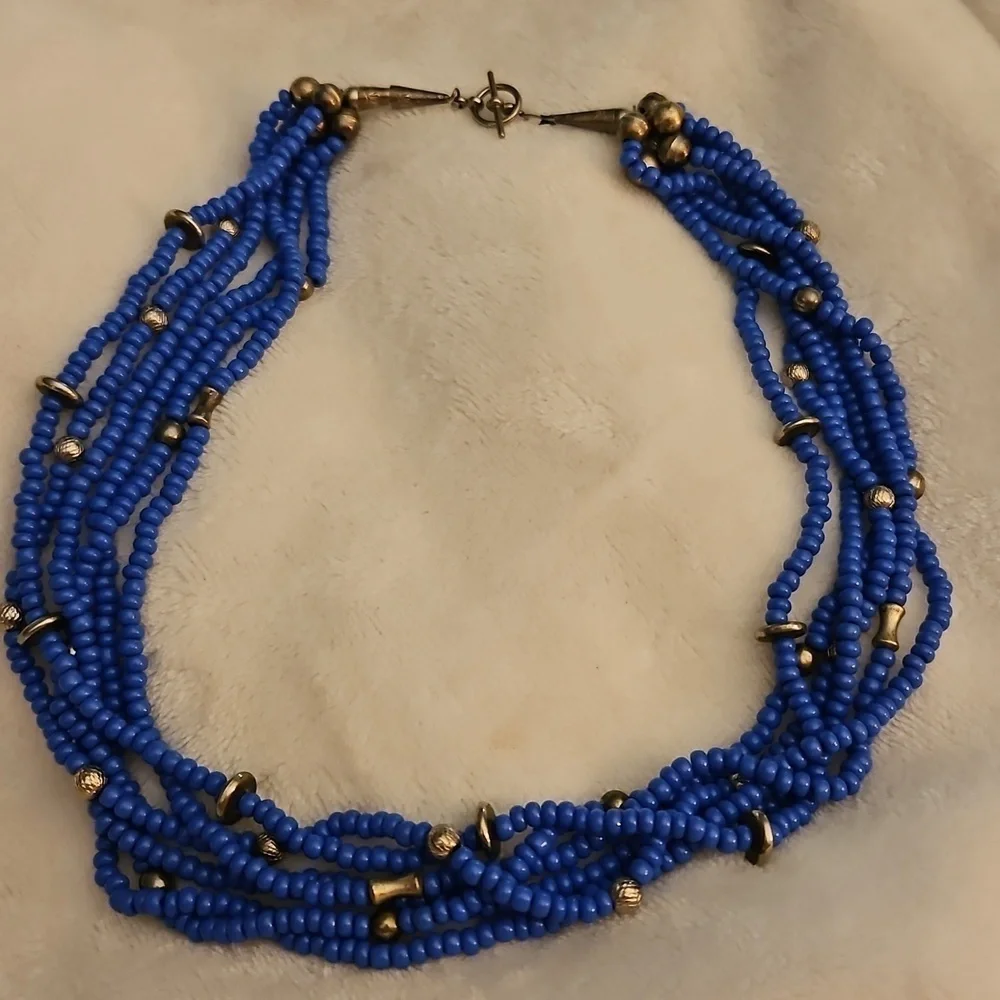 Vintage Estate Ethnic Cornflower Blue Multi-strand Beaded Necklace